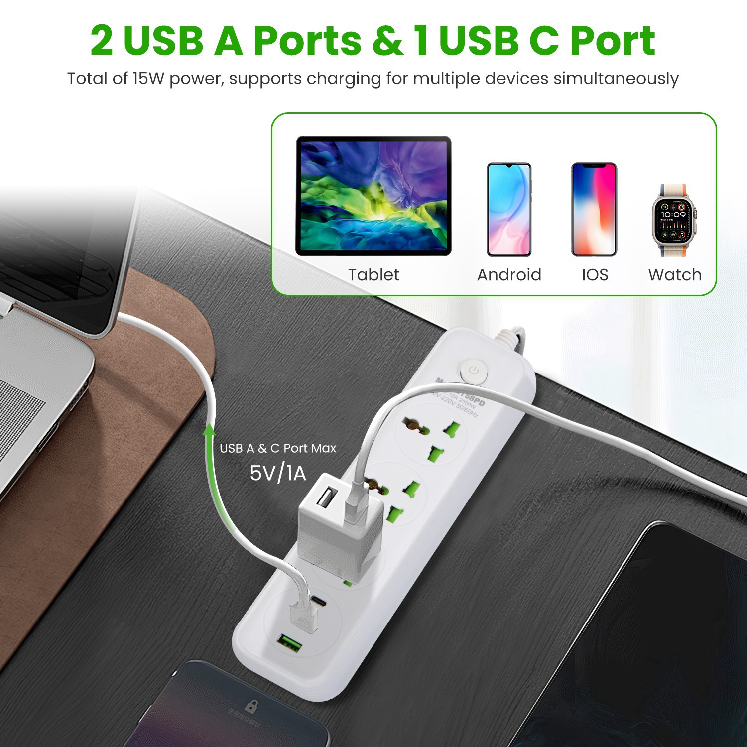 1Pc Power Strip With 6FT Extension Cord 3 AC Outlets And 2 USB A Ports 1 USB C Port 2500W Wall Mount Outlet Extender For Home Office Dorm Travel — foto 9