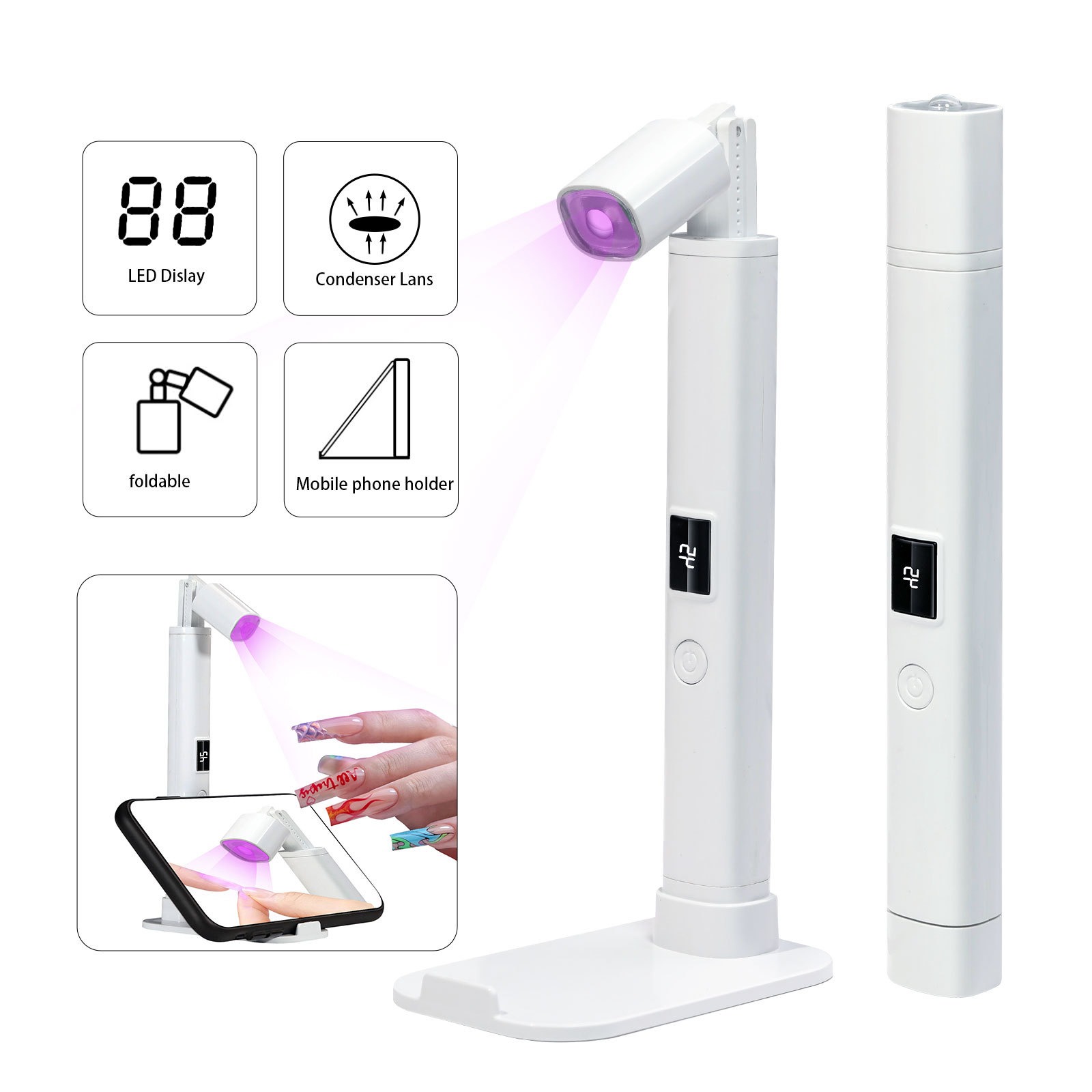Generic Portable Mini Handheld UV Nail Light Belt Encourage For Gel Nail Lamp With Foldable Stand Mini Nail Light Portable Led Nail Lamp With Screen Small Nail Lamp Foldable Stand Fast Drying, White