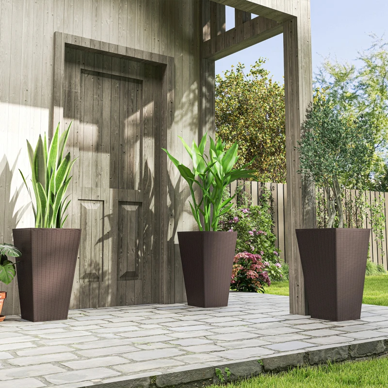 Set Of 3 Tall Planters With Drainage Hole, 24 Outdoor Flower Plant Pots, Indoor Planters For Porch, Front Door, Entryway, Patio And Deck, Brown