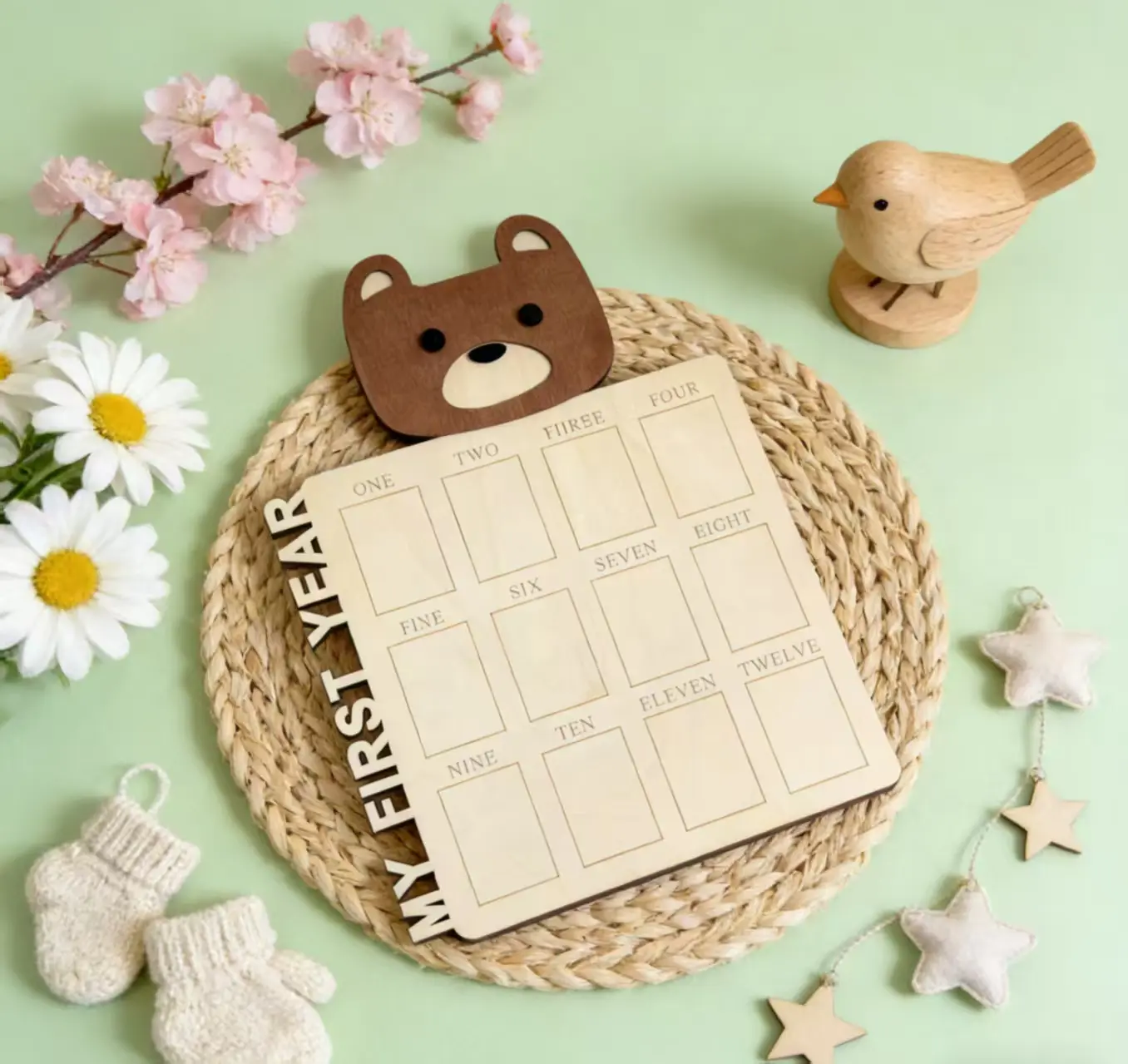 Wooden My First Year Photo Frame Fox Lion Bear Animal 12 Month Baby Milestone Picture Board Newborn Keepsake