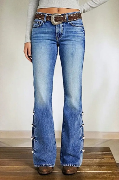 Flare Jeans Femmes Vintage Bleu Taille Haute Détail Côté Bootcut Denim Pantalon US Stock Entrepôt