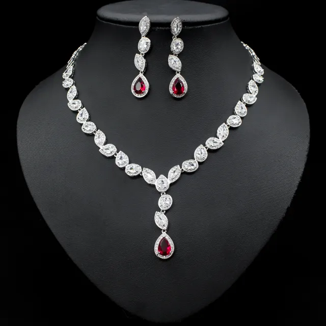 Colorful Zircon Necklace Earrings Clavicle Chain Female Noble Luxury Wedding Dress Three piece Set Red - Shop at LoveMi