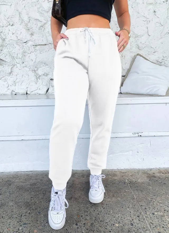Women's Solid Color Lace Up Sports Pants Home Casual Sweater Pants White - Shop at LoveMi