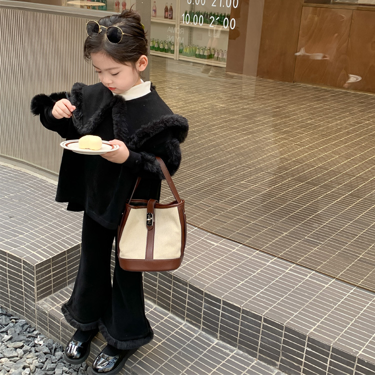 Children's Large Collar Top Fur Flare Pants Suit