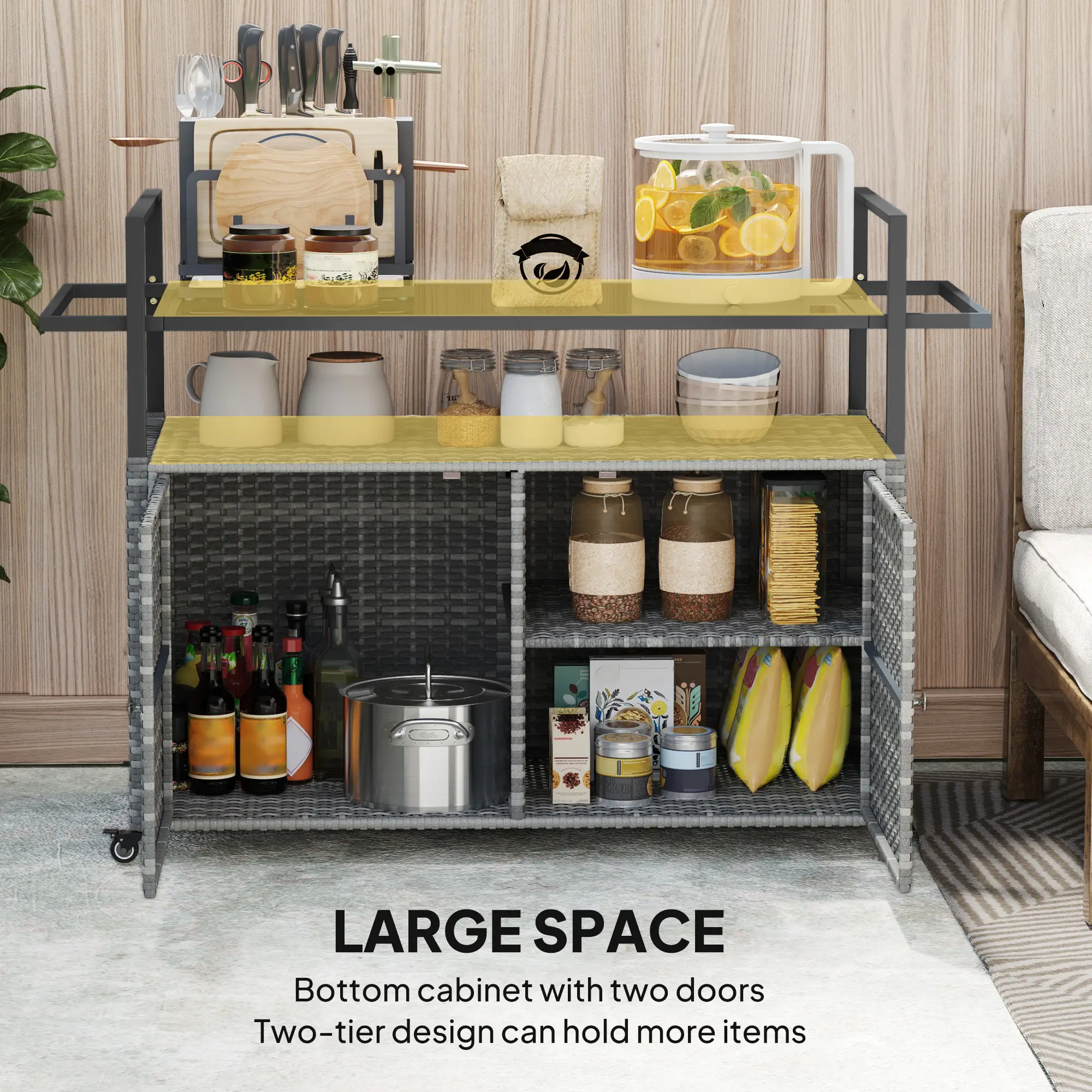 2-Tier Shelf PE Rattan Outdoor Bar Table, Glass Top Outdoor Serving Cart With Cabinet, Mixed Gray