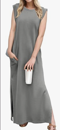 Women Summer Round Neck Casual Loose Split Wrinkle-Free Long Maxi Beach Dress With Pockets