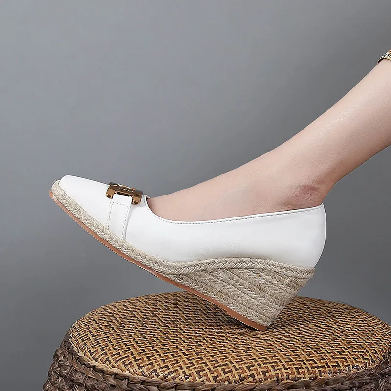 Retro Soft Bottom Square Toe High Heel Pumps Women's Hemp Rope - White