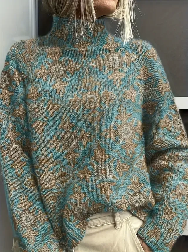 Women's Vintage Floral Print Pullover Turtleneck Long Sleeve Loose Fit Polyester Top 1Style - Shop at LoveMi