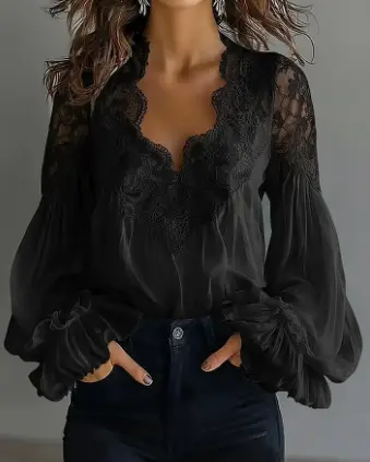 Women's Lace-trimmed Puff-sleeved Pleated Shirt