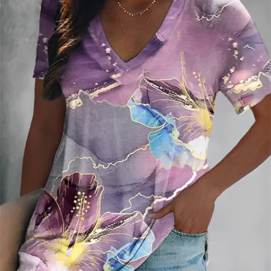 Round Neck Short Sleeve Loose 3D Print - Color1