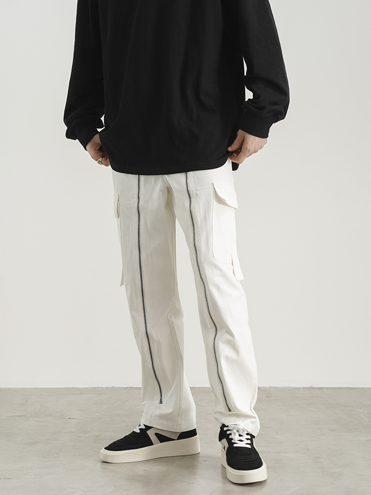 High Street Style Three-dimensional Cut Zipper Straight Loose Jeans