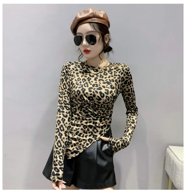 Fashion Net Red Solid Slim Chain Long Sleeve Yellow Leopard Pattern - Shop at LoveMi