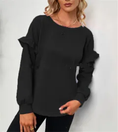 Solid Color Long-Sleeved Round Neck Loose Sweater - Black - View 1