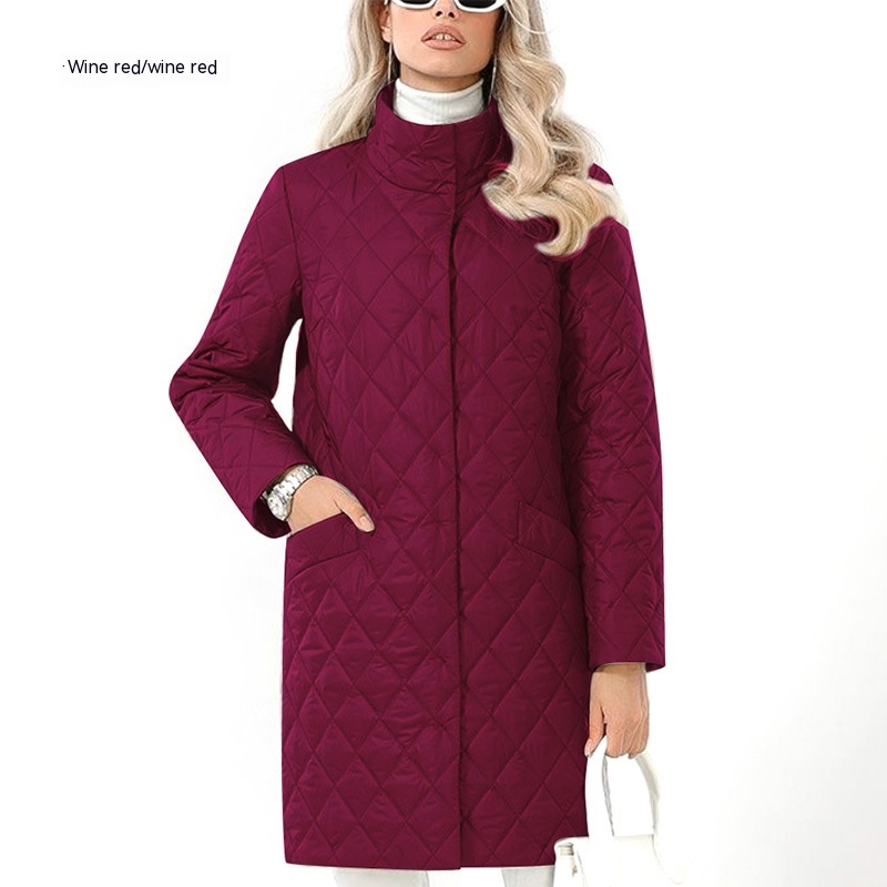 Mid length Slimming Slim Fit Girlish Style Cotton padded Jacket Plus Size Wine - Shop at LoveMi
