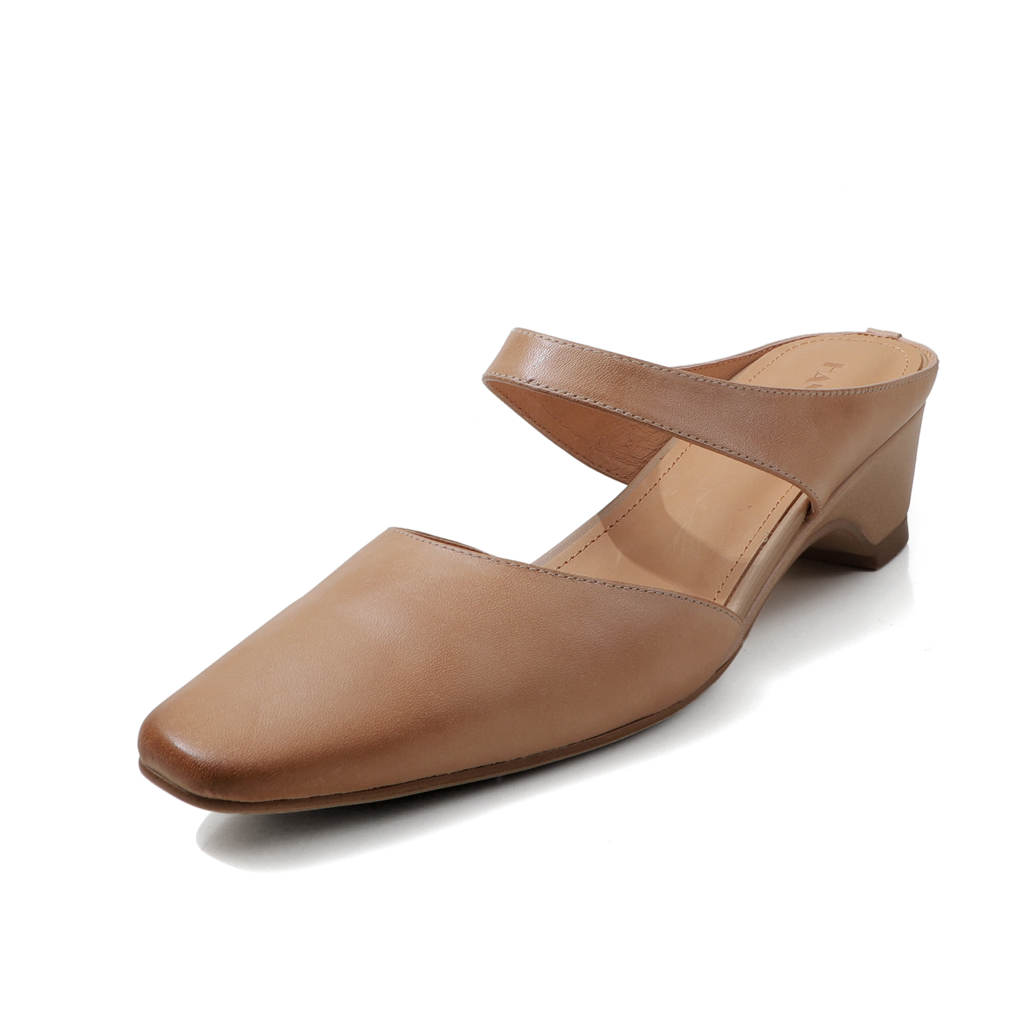 Women's Handmade Washed Leather Mary Jane Mules, Square Toe Mid Heel Slip-On Slides With Pigskin Lining