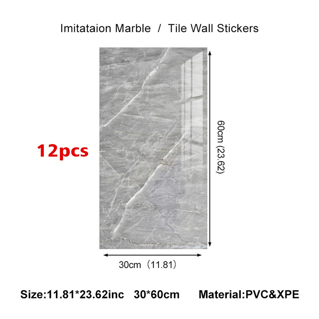12Pcs PVC Marble Tiles Wall Sticker Self-Adhesive Stick Kitchen Bathroom Decor