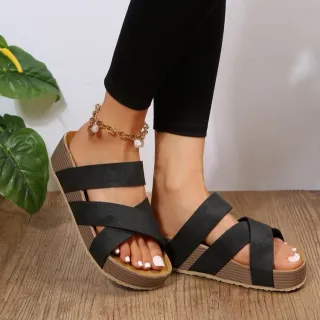 Woven Cross-strap Slippers Summer Platform Sandals Women Flat Beach Shoes - Black