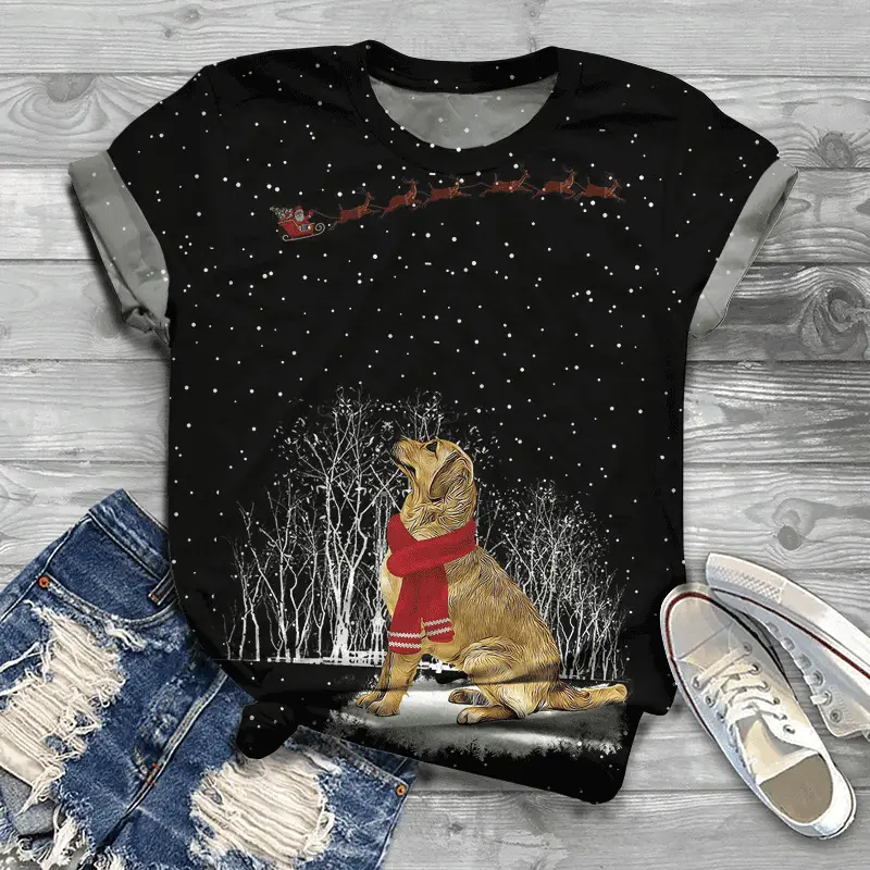 3D Dog Golden Hair Print Loose Men's Trendy Short Sleeve