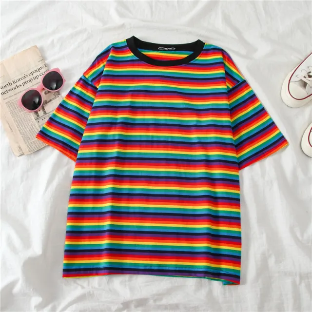 Hip Hop Neutral Loose Student Mid length Striped Short sleeved T shirt For Women Rainbow - Shop at LoveMi