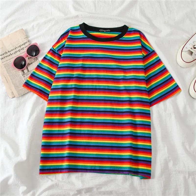 Hip Hop Neutral Loose Student Mid-length Striped Short-sleeved T-shirt For Women - Rainbow