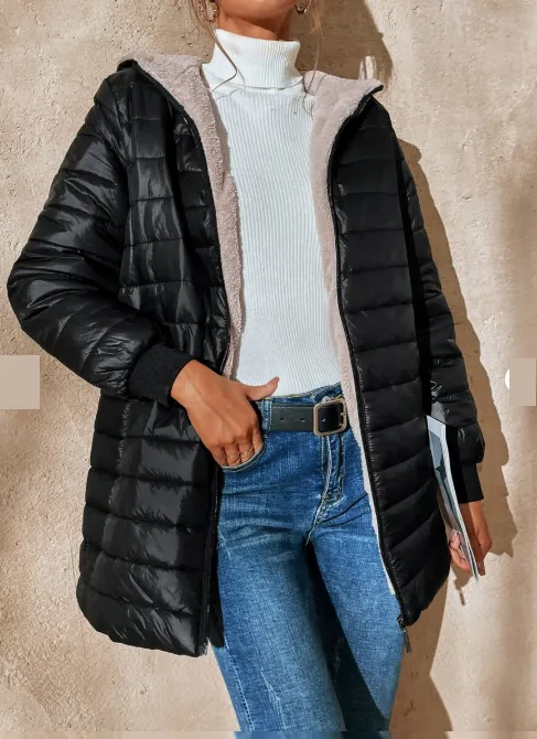 Aveloria Modichic Casual Versatile Solid Color Fleece Hooded Padded Padded Coat Black - Shop at LoveMi