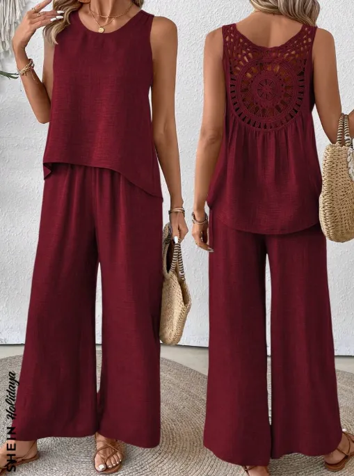 Solid Tank Top & Wide Leg Pants For Summer Vacation Burgundy - Shop at LoveMi