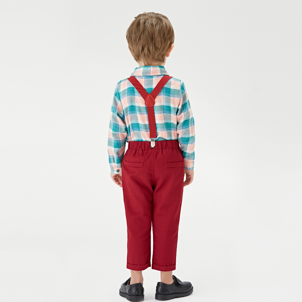 Children's Two-color Plaid Shirt Bib Set