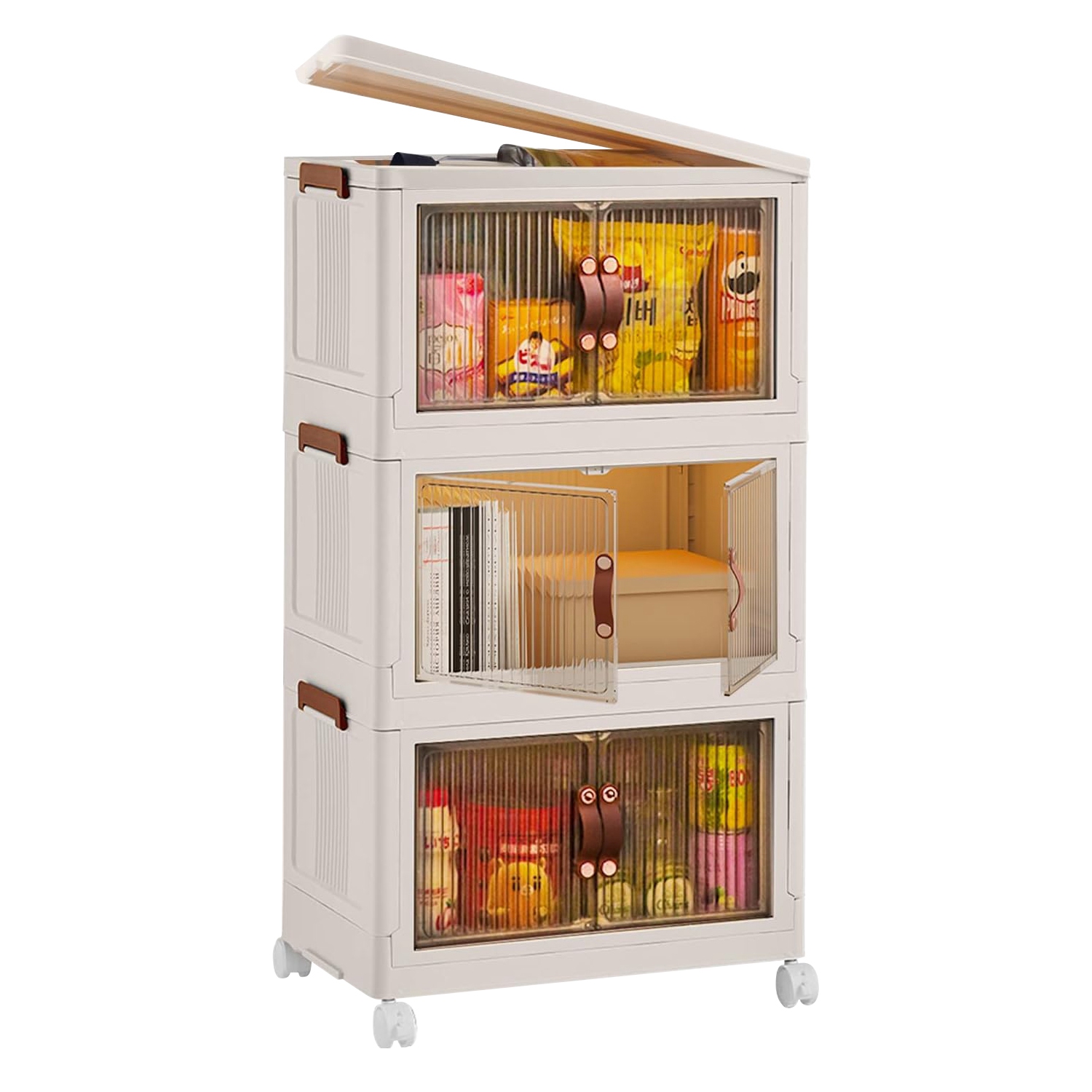 3PCS Foldable Storage Bins with Lid Stackable Organizer Magnetic Doors Wheels
