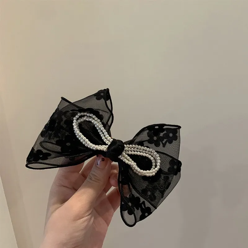 Super Fairy Organza Large Bow Flower Back Of The Head Hair Clip - Black
