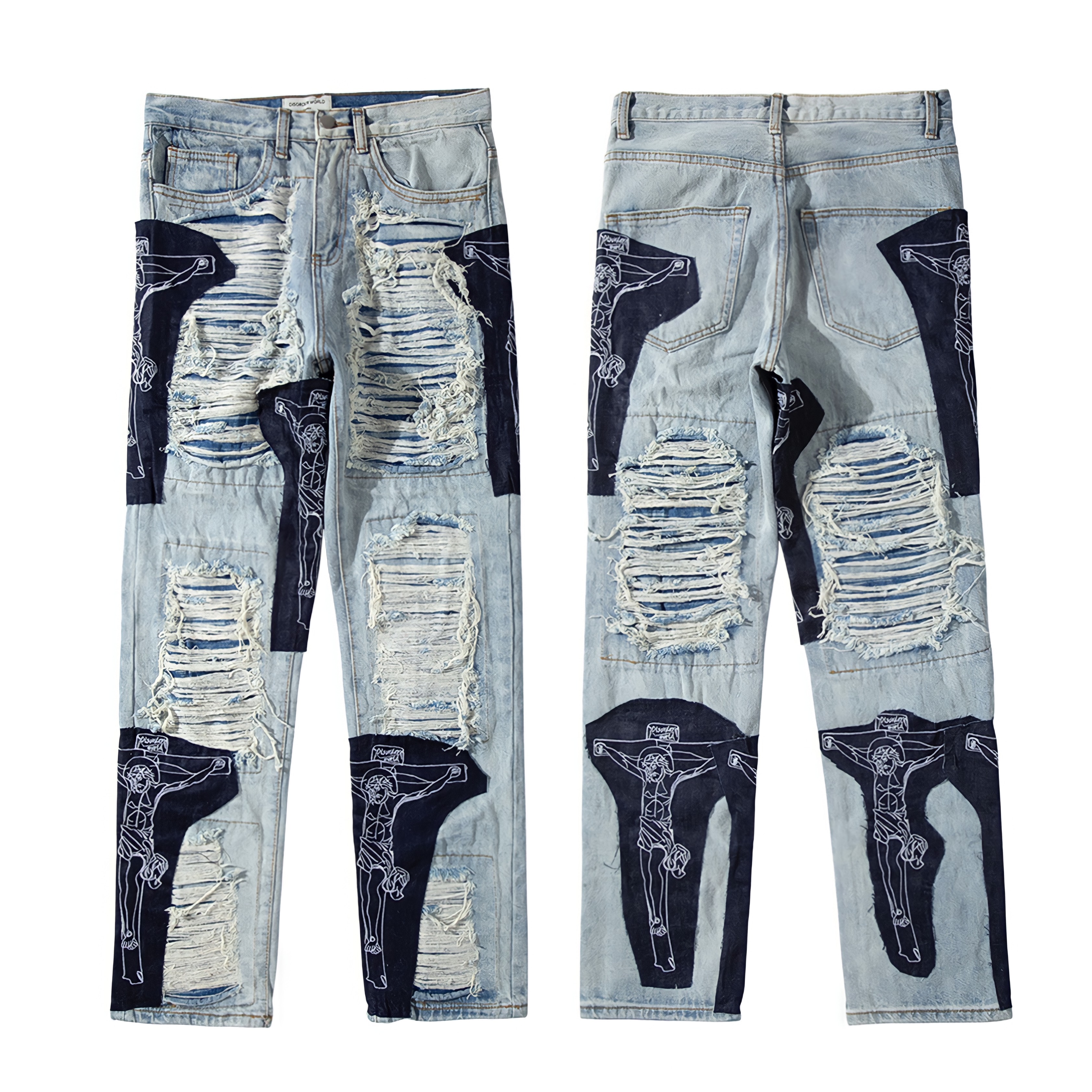 Title 5, Mens straight leg jeans featuring knife cut de...