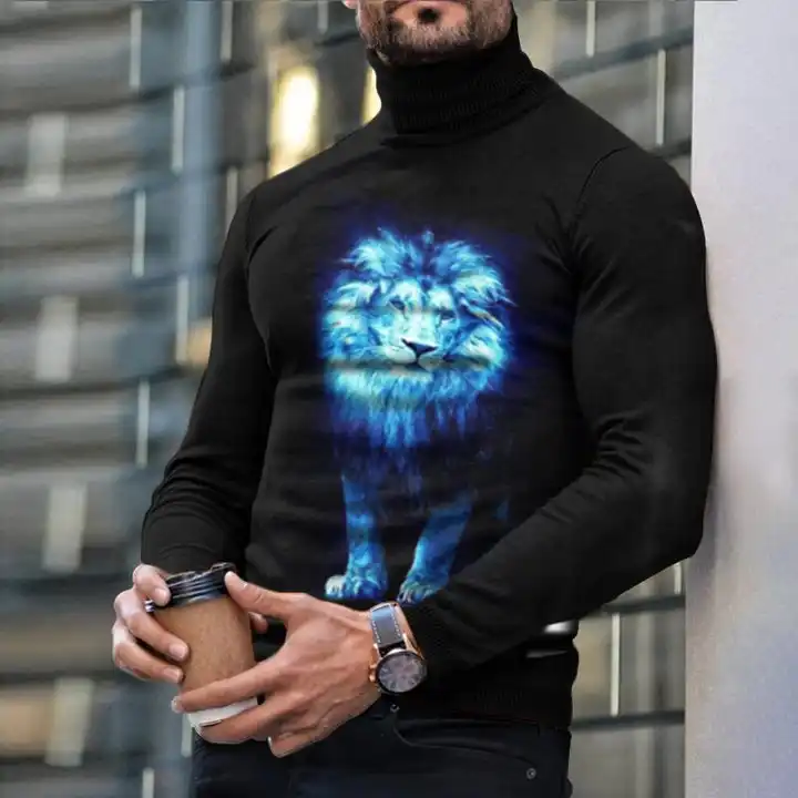 Autumn Winter Men's Long Sleeve Turtleneck T Shirt Printed Casual Top