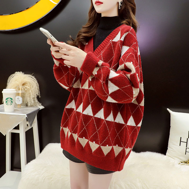 New Lazy Style Fake Two piece Plaid Half Turtleneck Sweater Women Wine Red - Shop at LoveMi