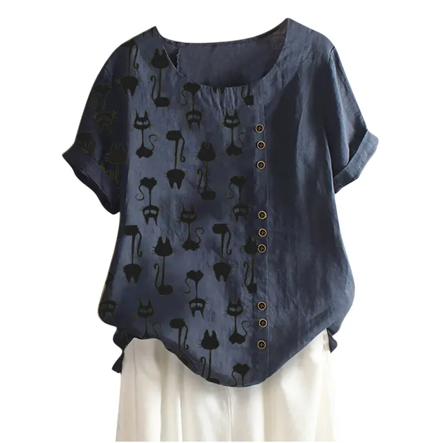European And American New Style Printed T shirt Casual Short sleeved T shirt Navy Blue - Shop at LoveMi