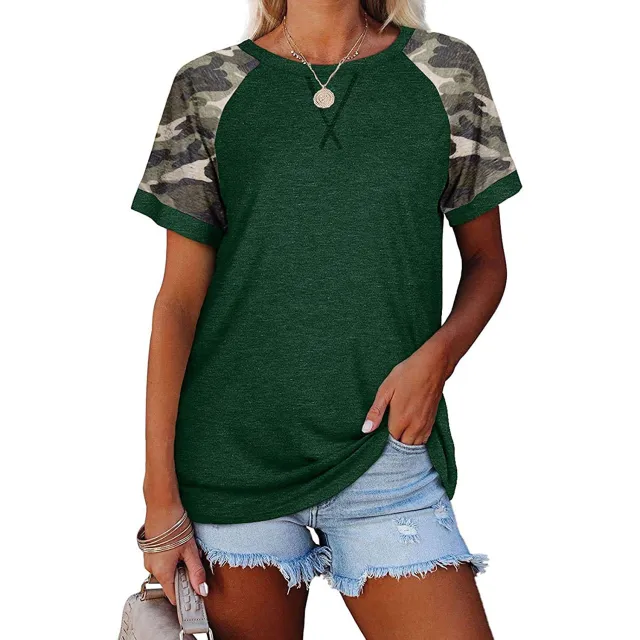 Camouflage Stitching Short sleeved T shirt Dark Green - Shop at LoveMi