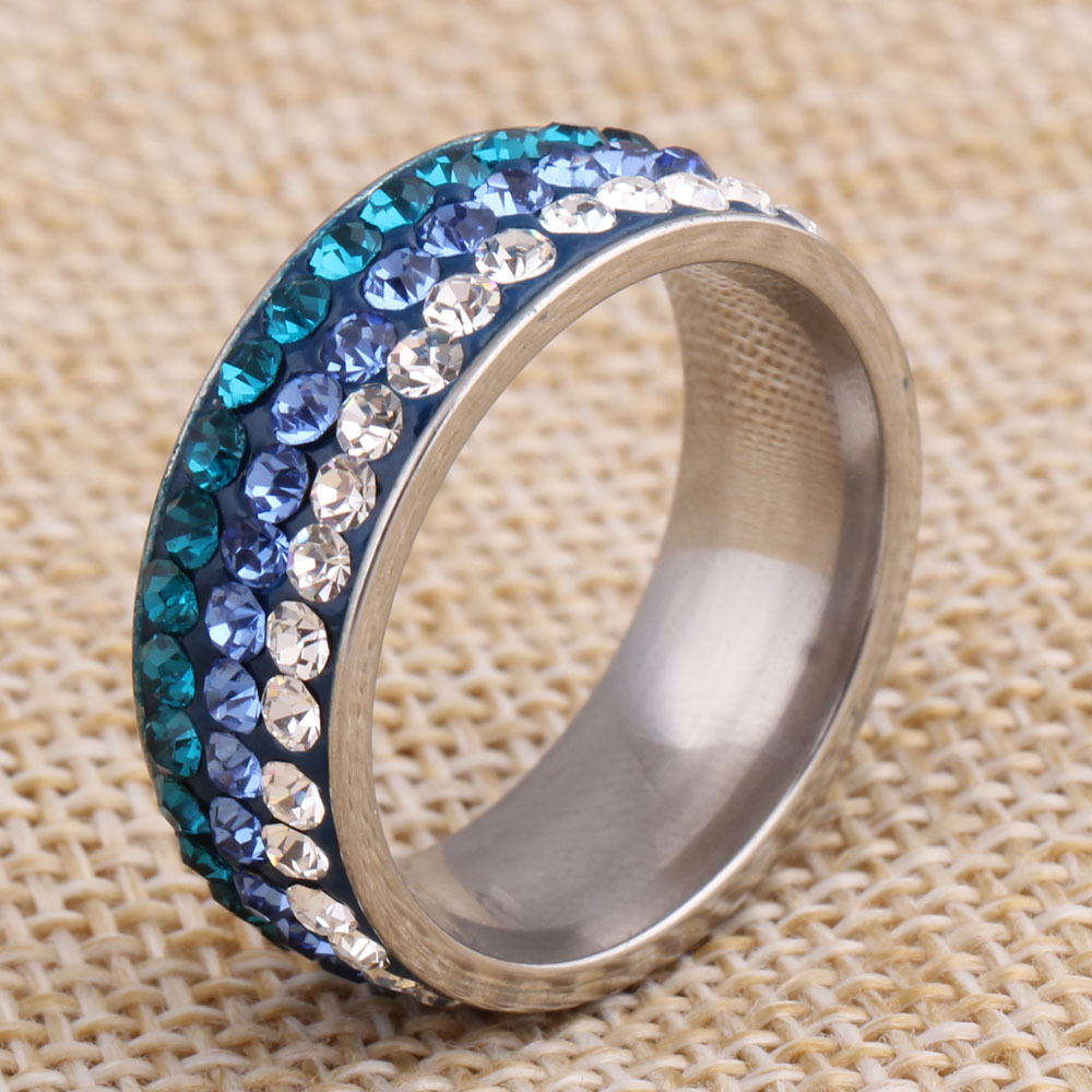European And American Simple Ladies Stainless Steel Ring Three Row Diamond