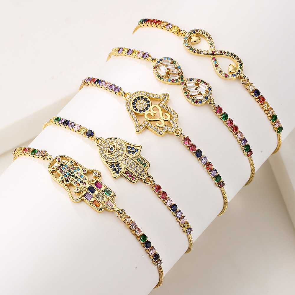 Title 3, Gold Zircon Fatima Hand Geometric Charm Bracelet