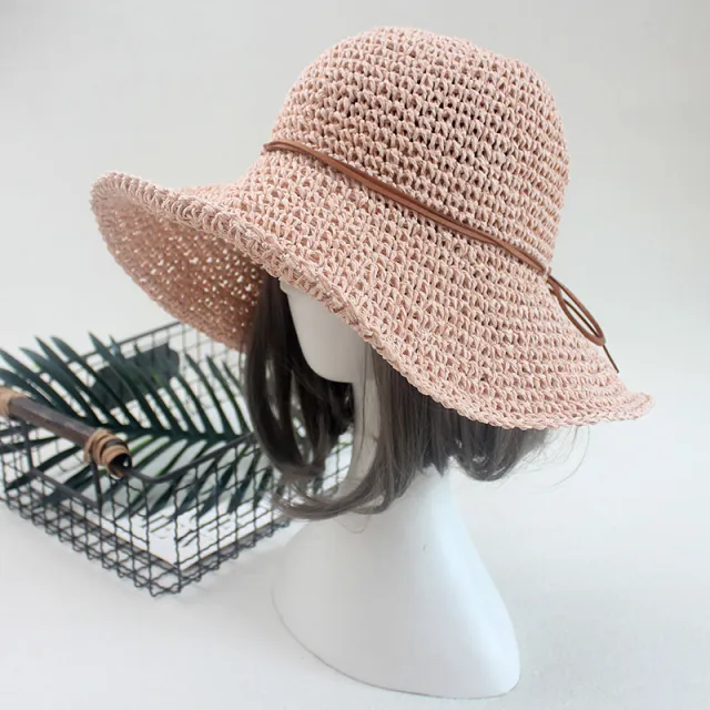 Straw Hat Sunshade Foldable Travel Beach Straw Hat Pink - Shop at LoveMi