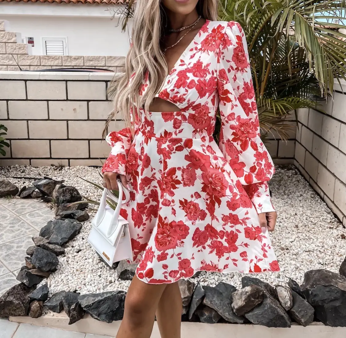 Women's Floral Print High Waist Deep V Long Sleeve Dress
