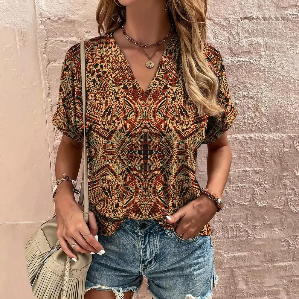 Printed T-shirt Ethnic V-neck Summer Short Sleeve - Style5-Xl