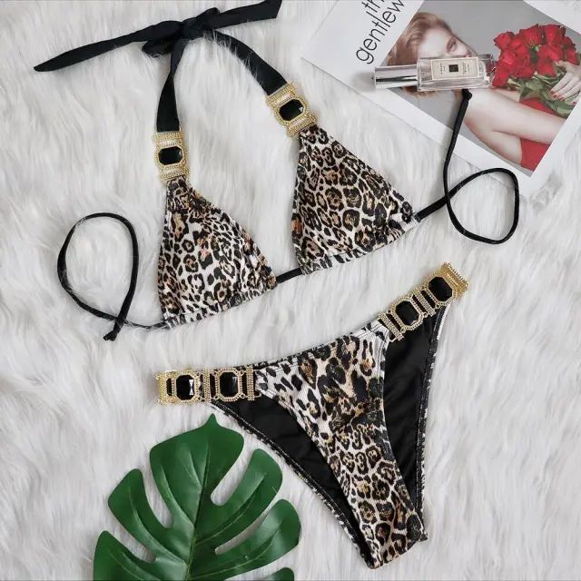 Leopard Print Diamond Low Rise Push Up Swimsuit Leopard - Shop at LoveMi