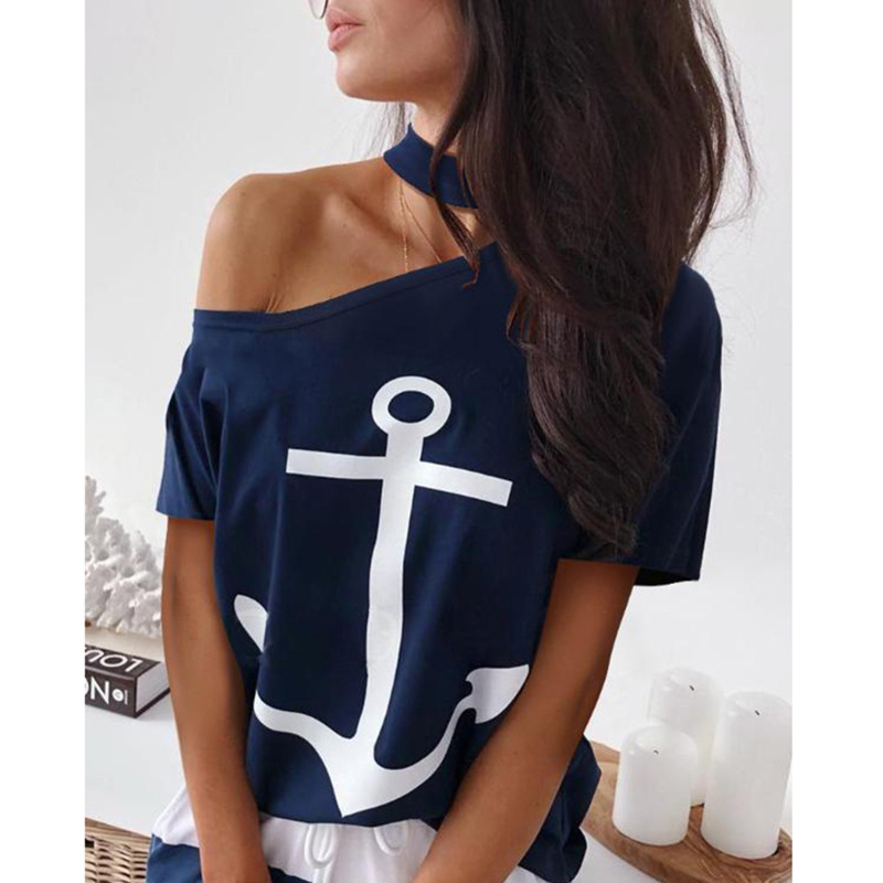 Loose Slanted Shoulder Print Short-Sleeved T-Shirt