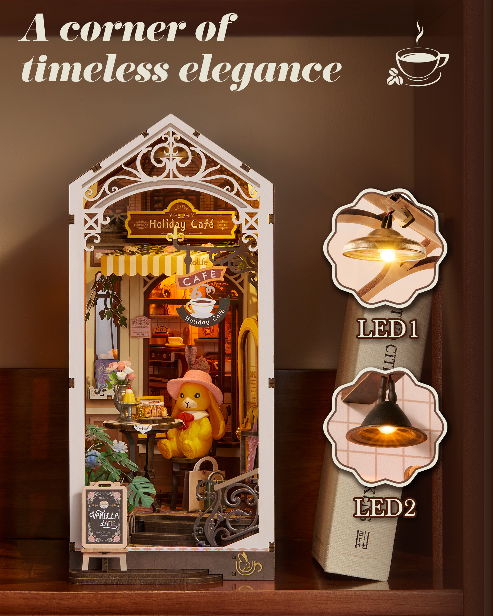 Rolife Holiday Cafe Reading Corner Set, DIY Mini House With Warm LED Lights, Glue-Free Assembly, Bookshelf Decoration, Creative Gift For Adults