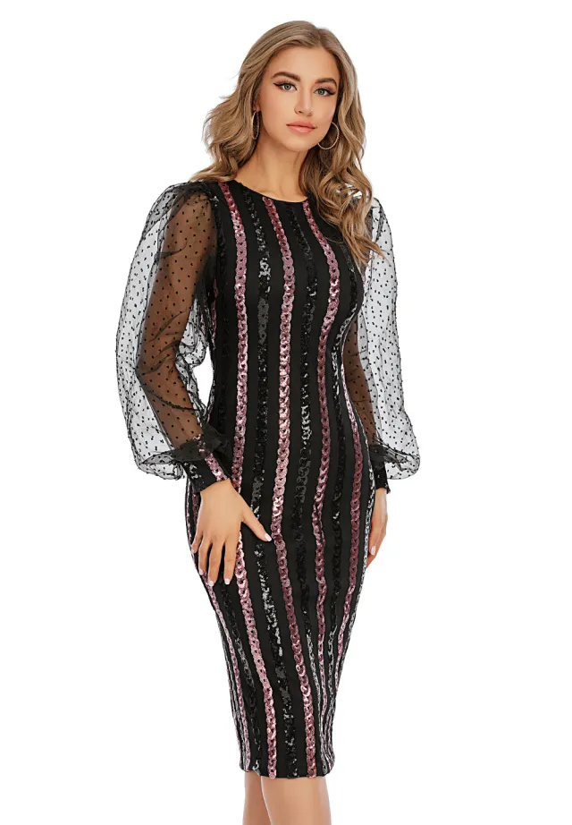 Women's Sexy Retro Mesh Long sleeved Sequin Dress - Shop at LoveMi