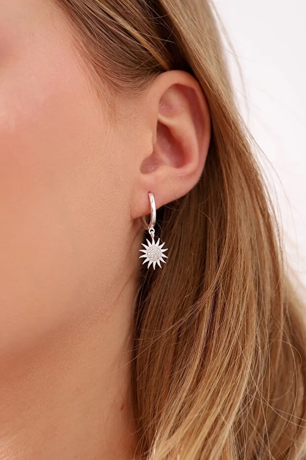 Silver Plated Sun Earrings With White Zircon Stone