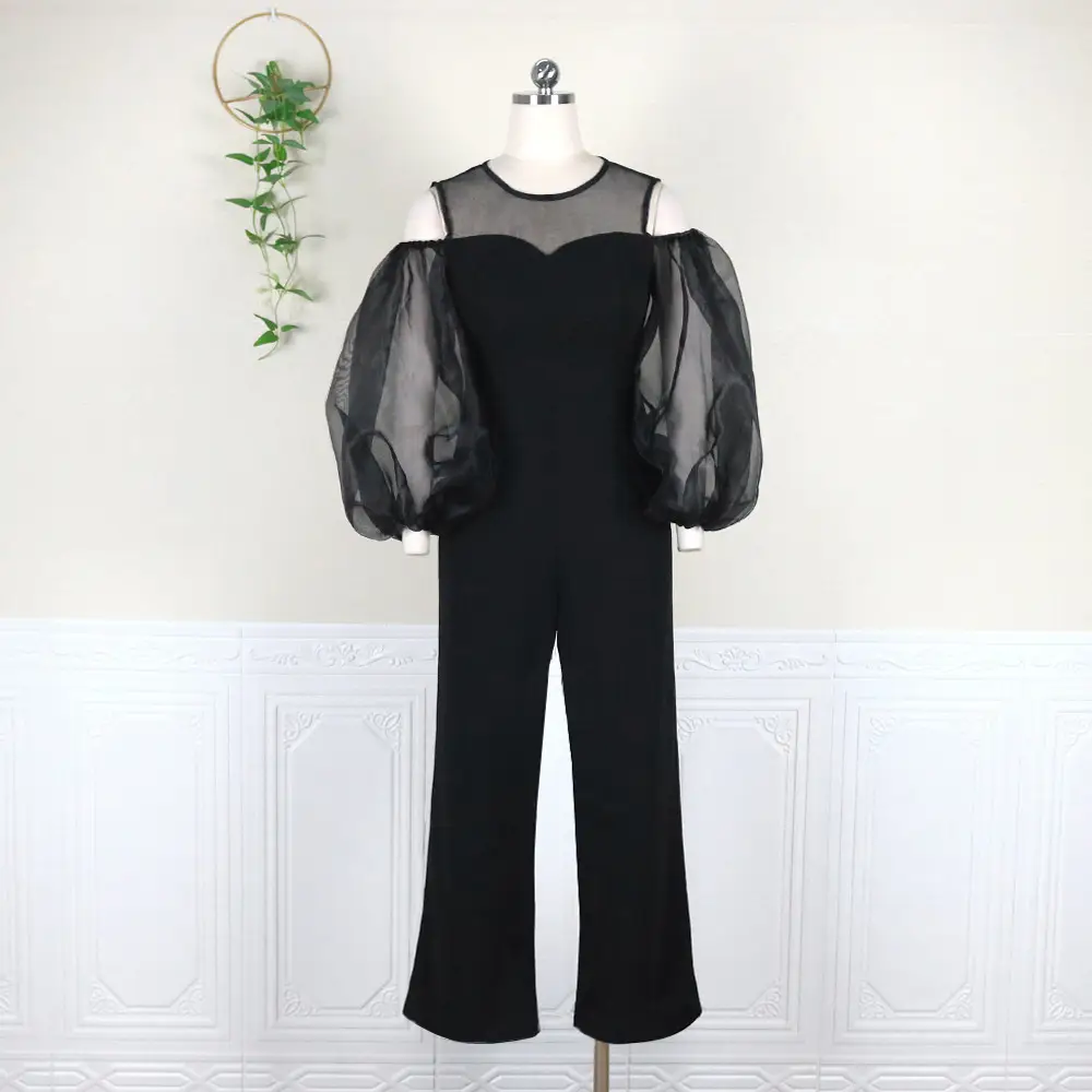 Round Neck Hollow Stitching Tulle Puff Sleeve High Waist