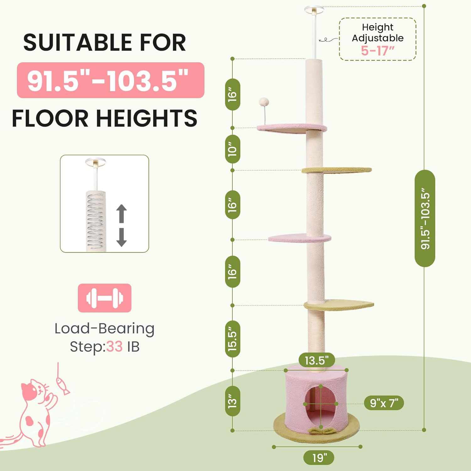 Max & Marlow Cat Tree  Floor-to-Ceiling Adjustable Height, Featuring Carpeted Scratching Posts And Cushioned Platforms For Indoor Cats Pink,Pickup Only