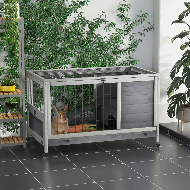 PawHut Indoor Rabbit Enclosure, Wooden Elevated Cage Habitat With Enclosed Run With Wheels - Ideal For Rabbits And Guinea Pigs