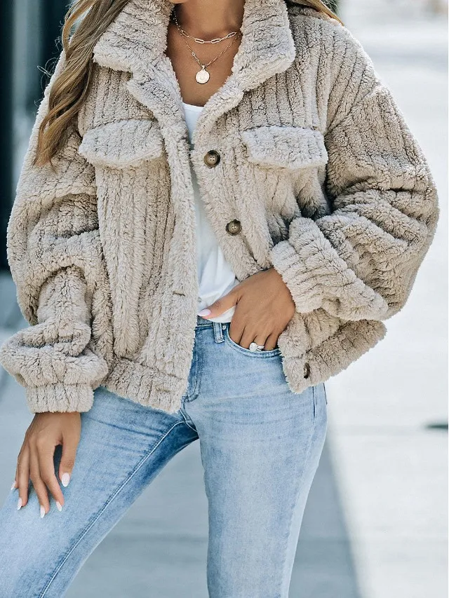 Lapel Bag Cover With Fleece Comfort Casual Women's Thick Plush Coat Apricot - Shop at LoveMi