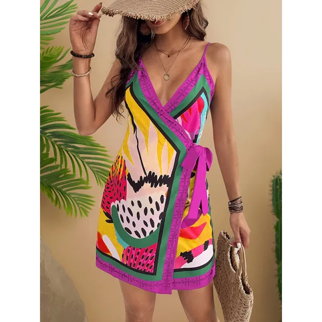 Women Spaghetti Strap Summer Dress V Neck Wrap Waist Tie Casual Beach Sundress Holiday Vacation Mini Dress Rose Red - Shop at LoveMi