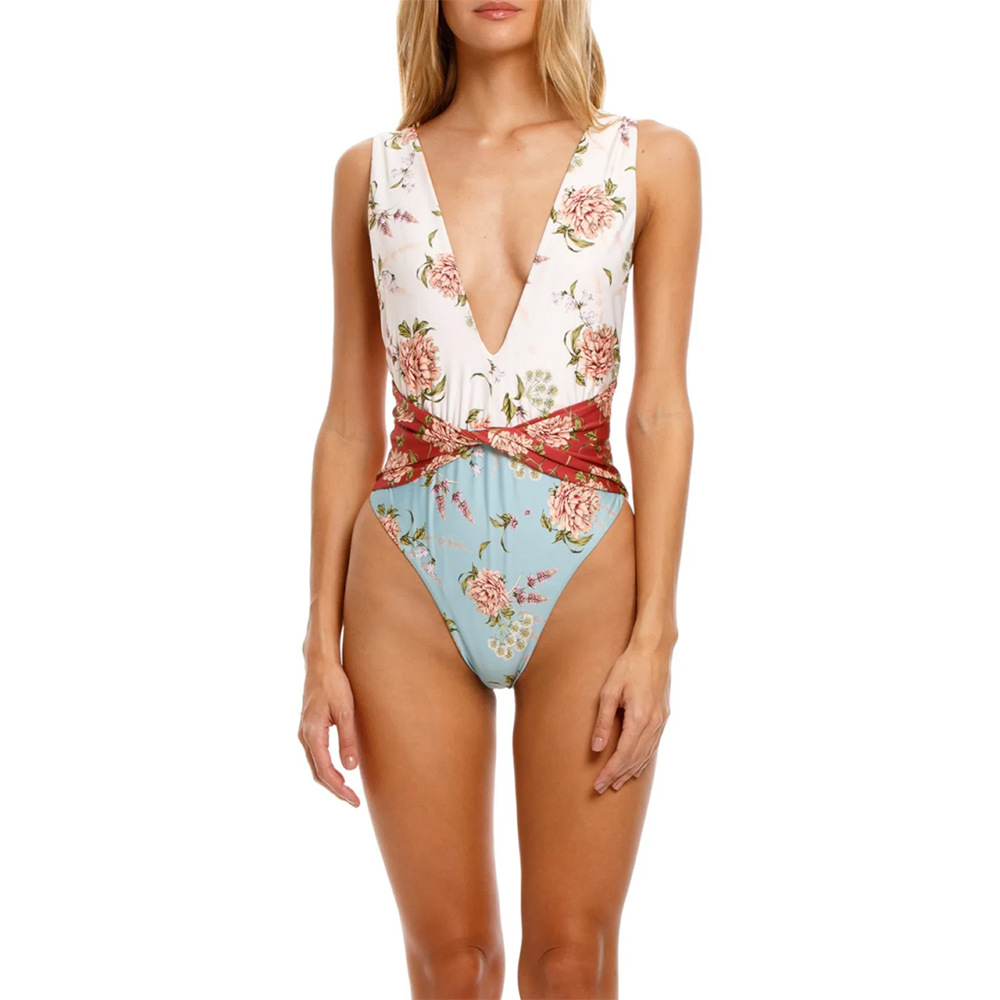 Deep V Neck Patchwork Print Day Blue Maroon One Piece Ladies Swimsuit - Image 4
